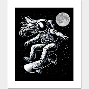 Astronaut Skater Skate Board Skateboarding on Moon Posters and Art